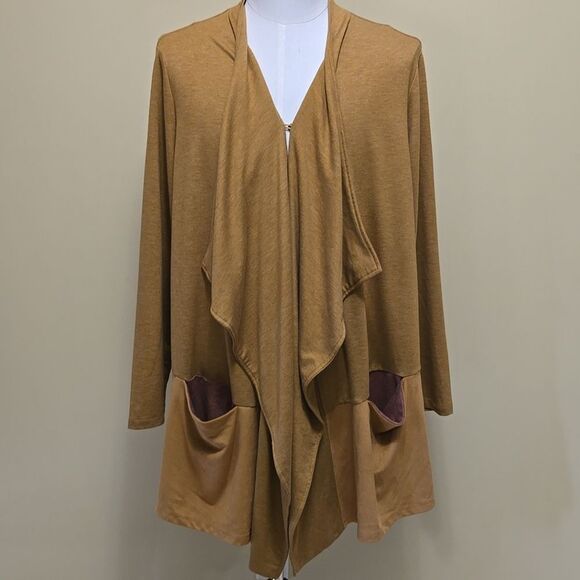 LOGO Lounge Drape Front Waterfall Cardigan 3X French Terry Faux Suede Western - Picture 12 of 13